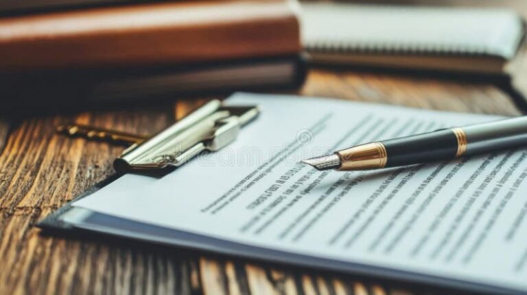 Qué Es Un Estatuto Modelo Para Una Sociedad por Acciones Simplificada (SAS) 22 documento legal con pluma sobre mesa madera