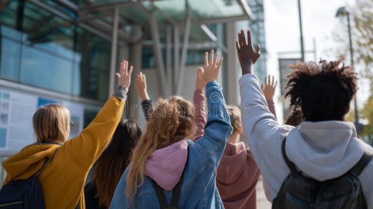 edificio educativo moderno con estudiantes diverse