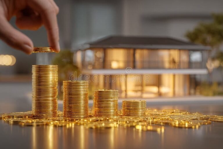 edificio moderno con mano y monedas