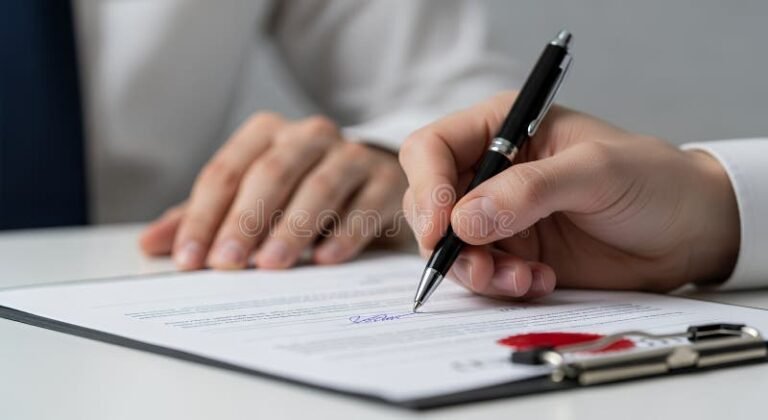 persona firmando documento legal en oficina
