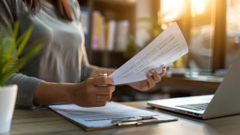 persona revisando documentos frente a computadora