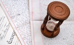 reloj de arena sobre documentos legales abiertos